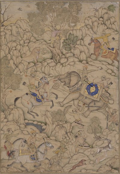 خطر في Lion Hunt ، c.1600 (مرحاض غير شفاف على الورق) بواسطة المدرسة الهندية