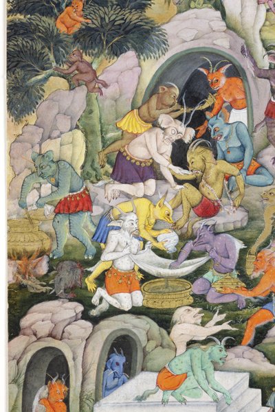 تفاصيل من الشياطين في المناظر الطبيعية البرية ، c.1600 (مرحاض غير شفاف وذهب على ورق) بواسطة المدرسة الهندية