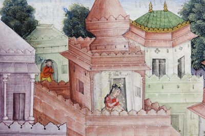 التفاصيل من Krishna Cleaves the Demon Narakasura مع قرصه ، c.1585-90 (مرحاض غير شفاف وذهب على ورق) بواسطة المدرسة الهندية