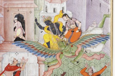 التفاصيل من Krishna Cleaves the Demon Narakasura مع قرصه ، c.1585-90 (مرحاض غير شفاف وذهب على ورق) بواسطة المدرسة الهندية