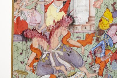 التفاصيل من Krishna Cleaves the Demon Narakasura مع قرصه ، c.1585-90 (مرحاض غير شفاف وذهب على ورق) بواسطة المدرسة الهندية
