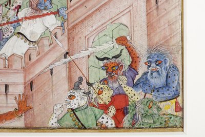 التفاصيل من Krishna Cleaves the Demon Narakasura مع قرصه ، c.1585-90 (مرحاض غير شفاف وذهب على ورق) بواسطة المدرسة الهندية