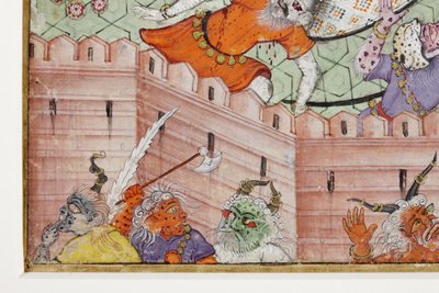 التفاصيل من Krishna Cleaves the Demon Narakasura مع قرصه ، c.1585-90 (مرحاض غير شفاف وذهب على ورق) بواسطة المدرسة الهندية