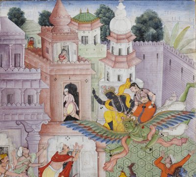 التفاصيل من Krishna Cleaves the Demon Narakasura مع قرصه ، c.1585-90 (مرحاض غير شفاف وذهب على ورق) بواسطة المدرسة الهندية