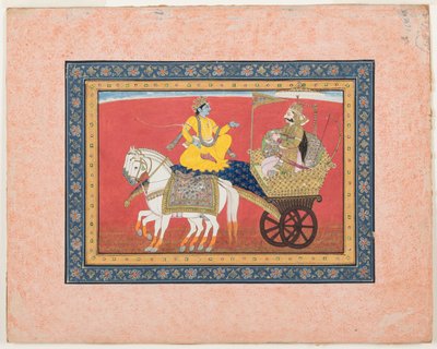 Dialogue between Krishna and Arjuna on the battlefield of Kurukshetra, c.1820 (opaque watercolour and gold on paper) بواسطة المدرسة الهندية