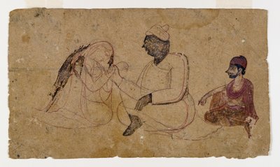 رسم لثلاث شخصيات جالسة ، c.1750 (حبر ولون على ورق) بواسطة المدرسة الهندية