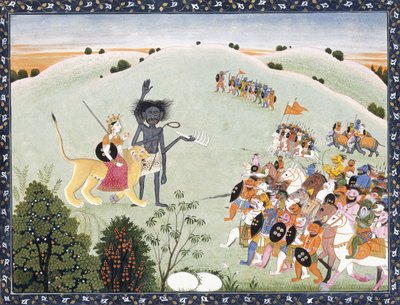 دورجا وكالي واقفا قبل المضيف المتقدم للشياطين ، c.1800-1820 بواسطة المدرسة الهندية