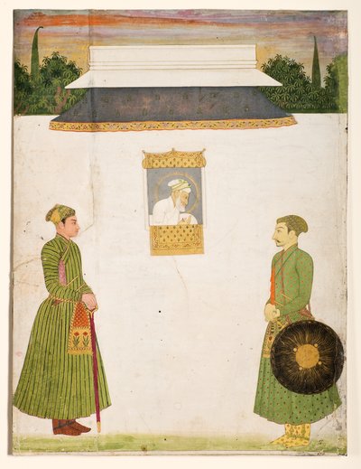 الإمبراطور أورنجزيب في نافذة jharokha ، اثنان من النبلاء في المقدمة ، c.1710 (مرحاض معتم ذهب على ورق) بواسطة المدرسة الهندية