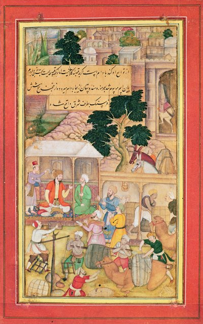 الإمبراطور بابور (حكم من 1526 إلى 30) في محادثة مع رجل عجوز ، من القرن الخامس عشر إلى السابع عشر بواسطة المدرسة الهندية