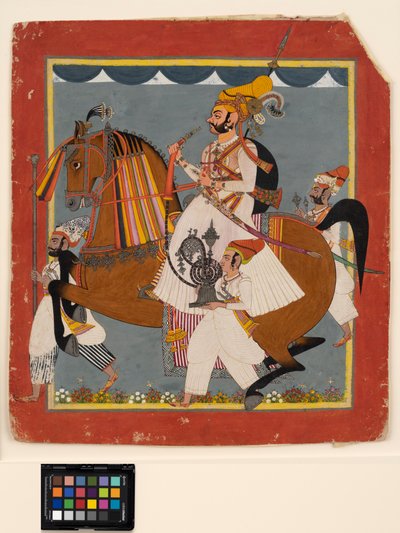 الفروسية رجا بهيم سينغ مع الشيشة والخدم ، حوالي عام 1820 (معتم ث - ج ، ذهبي وفضي على ورق) بواسطة المدرسة الهندية