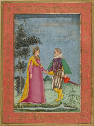 رجل وسيدة أوروبيان يرتديان الزي الإليزابيثي ، رسم توضيحي من "Dara Shikoh" ، حوالي 1630-40 (ألوان مائية وذهبية على رق) بواسطة المدرسة الهندية