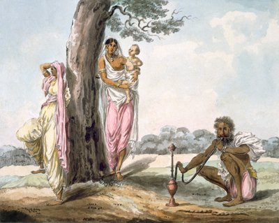 العائلة: رجل يدخن النرجيلة وفتاة تمارس اليوجا ، 1850 (مرحاض على ورق) بواسطة المدرسة الهندية