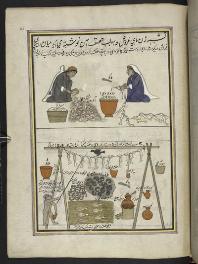 تجار السمك ، النساء اللواتي يملن الأسماك رجل تجفيف الأسماك ،  86 رسمة مجمعة في مجلد تصور الحرف والمهن في كشمير ، يظهر الحرفيون في العمل بأدواتهم ومعداتهم ،  بواسطة فنان من كشمير ، ربما في سريناغار ، حوالي 1850-60 (جواش بواسطة المدرسة الهندية