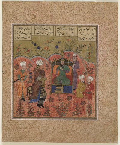 فوليو من شاهناما (كتاب الملوك) للفردوسي (ت ١٠٢٠) ؛ رستم قبل كاي كوس (ألوان مائية مبهمة وحبر وذهب على ورق) بواسطة المدرسة الهندية