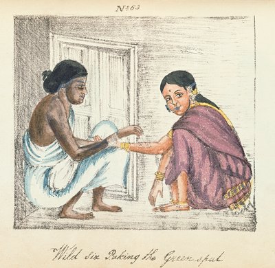 عراف وامرأة ، من "ملخص لطوائف الهند المختلفة" ، بقلم فينكاتا راماسفاني ، نشر مدراس 1837 (ليثو ملون) بواسطة المدرسة الهندية