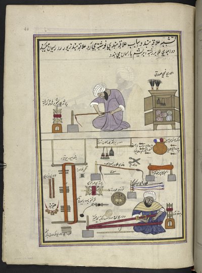 صناع الدانتيل والضفائر الذهبية ،  86 رسمة مجمعة في مجلد تصور الحرف والمهن في كشمير ، يظهر الحرفيون في العمل بأدواتهم ومعداتهم ،  بواسطة فنان من كشمير ، ربما في سريناغار ، حوالي 1850-60 (غواش على ورق) بواسطة المدرسة الهندية