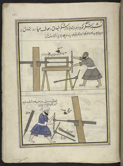 صانعي السلاح مملة برميل البندقية ،  86 رسماً مجلداً في مجلد يصور الحرف والمهن في كشمير ، يظهر الحرفيون في العمل بأدواتهم ومعداتهم ،  بواسطة فنان من كشمير ، ربما في سريناغار ، حوالي 1850-60 (غواش على ورق) بواسطة المدرسة الهندية