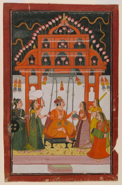 هندولا راجا ، صفحة من سلسلة Ragamala المتفرقة ، c.1830 (مرحاض ودهانات معدنية على الورق) بواسطة المدرسة الهندية