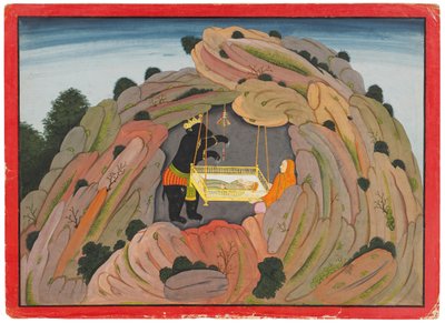 رسم توضيحي لـ Bhagavata Purana: Jambavan يعطي جوهرة Symantaka لابنته للعب ، c.1760-65 بواسطة المدرسة الهندية