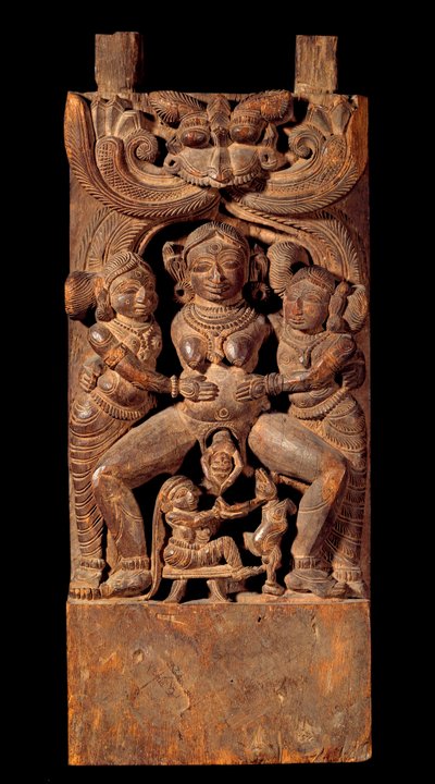 Indian art: representation of Mahamai, mother goddess, giving birth. Wooden relief of the 18th century Private collection بواسطة المدرسة الهندية