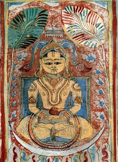 اليانية (jinism): تمثيل النبي جاين (زعيم روحي). صفحة مخطوطة من "" Kalpasutra "بقلم بهادراباهو (433-357 قبل الميلاد) 1453 Paris، BN بواسطة المدرسة الهندية