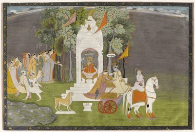 Krishna Abducting Rukmani from the Temple, c.1810 (gouache with gold on paper) بواسطة المدرسة الهندية