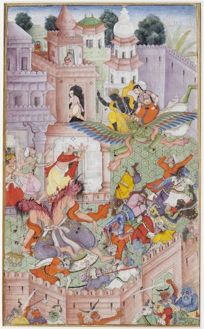 كريشنا كليفس الشيطان ناراكاسورا بقرصه ، c.1585-90 (مرحاض غير شفاف وذهب على ورق) بواسطة المدرسة الهندية