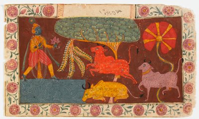 كريشنا وأبقار في بركة ، من Bhagavata Purana (مرحاض غير شفاف على الورق) بواسطة المدرسة الهندية