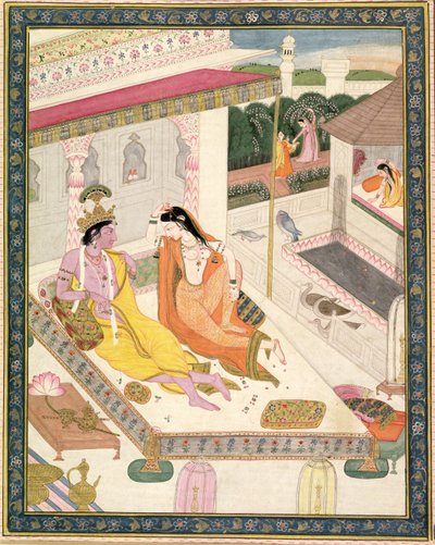 كريشنا ورادها على سرير في قصر موغل ، البنجاب ، c.1860 بواسطة المدرسة الهندية