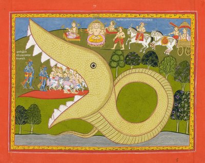 يدخل كريشنا ورعاة البقر في أجاسوراس ، c.1800 (مرحاض غير شفاف وذهب على ورق) بواسطة المدرسة الهندية