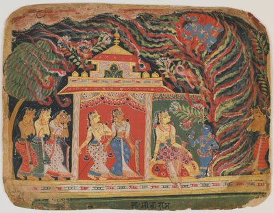 حمل كريشنا بواسطة Whirlwind Demon ، من Bhagavata Purana. c.1520-30 (مرحاض غير شفاف على الورق) بواسطة المدرسة الهندية