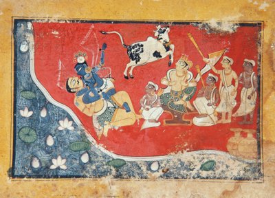 كريشنا يهزم شيطان بجانب النهر ، c.1560 (مرحاض غير شفاف على الورق) بواسطة المدرسة الهندية