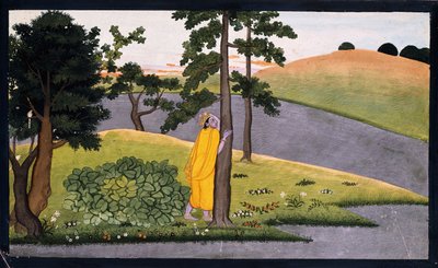 كريشنا يميل على شجرة ، ينتظر رادها ، حوالي 1780 بواسطة المدرسة الهندية