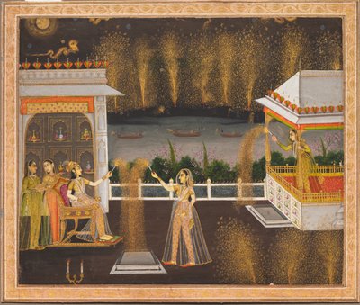 سيدات يحتفلن بعيد ديوالي، حوالي عام 1760 (ألوان مائية غير شفافة وذهبية على ورق) بواسطة المدرسة الهندية