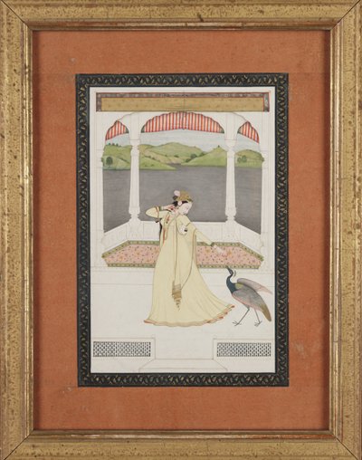 سيدة تغري طاووسًا بخيط من اللؤلؤ ، حوالي 1800 (غواش وذهب على ورق) بواسطة المدرسة الهندية