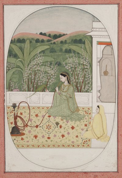 سيدة على شرفة بها شيشة ، حوالي عام 1770 (غواش وذهب على ورق) بواسطة المدرسة الهندية