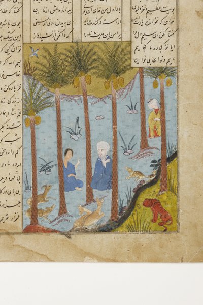 ليلى تزور مجنون في بستان نخيل ، 1475 ج (مرحاض غير شفاف وذهب على ورق) بواسطة المدرسة الهندية