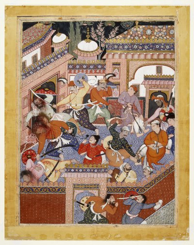 بقيادة Songhur Balkhi و Lulu the Spy ، قام الأيارون بشق حناجر حراس السجن وسعيد الحرة Farrukh-Nizhad ، 1557-1572 (ألوان مائية مبهمة وذهب على قماش قطني) بواسطة المدرسة الهندية