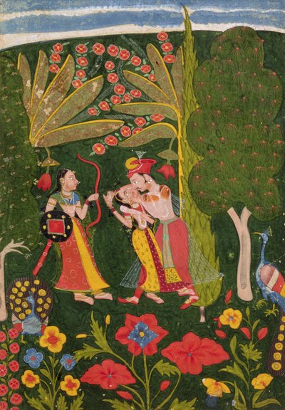 عشاق يحتضنون في الغابة ، بوندي ، c.1650 (الغواش على الرق) بواسطة المدرسة الهندية