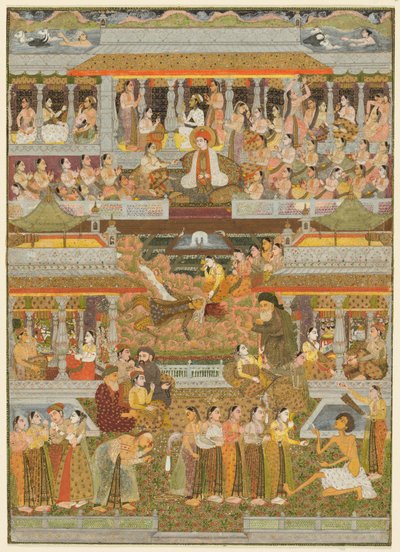 العشاق والأحباء: مجموعة من المشاهد من الأدب الفارسي والأوردو والسنسكريتية ، ج. 1735 (ألوان مائية غير شفافة مع ذهب على ورق) بواسطة المدرسة الهندية