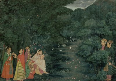 MS 34.17 امرأة وطفل من تيار في خشب في الليل ، يشاهده اثنان من النبلاء ، لكناو ، مدرسة Mihr Chand ، c.1760 ، (الغواش على الورق مع الحدود المنقوشة) بواسطة المدرسة الهندية