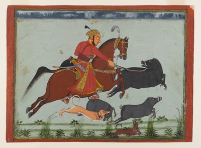 مهراجا براتاب سينغ الثاني من Mewar Hunting Boar ، حوالي 1750-75 (ألوان مائية وذهبية وفضية على ورق) بواسطة المدرسة الهندية