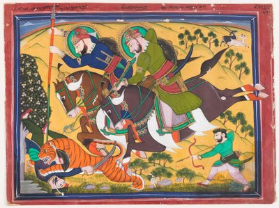 مهراجا رام سينغ يصطاد نمرًا ، الربع الثاني من القرن التاسع عشر (ألوان مائية على ورق) بواسطة المدرسة الهندية