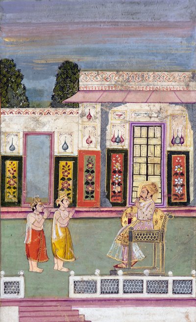 المهراجا ساواي جاي سينغ يستقبله رجلان متوجان ، c.1735 (مرحاض غير شفاف وذهب على ورق) بواسطة المدرسة الهندية