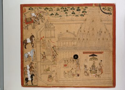 Maharana Amar Singh of Mewar في معبد Eklingji ، حوالي عام 1695 (الغواش مع الذهب والفضة على الورق) بواسطة المدرسة الهندية