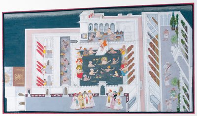 مهارانا جاجات سينغ الثاني مرح في بركة القصر ، c.1746-50 (مرحاض غير شفاف وذهب على ورق) بواسطة المدرسة الهندية