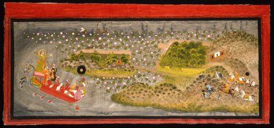 ماهارانا جاغات سينغ الثاني للصقور وصيد الخنازير ، حوالي عام 1740 (معتم w - c ، فضي وذهبي على الورق ، مثبت على صفحة ألبوم) بواسطة المدرسة الهندية