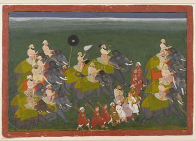 ماهارانا سانغرام سينغ من Mewar يركب في موكب فيل ، أودايبور ، راجستان ، c.1730-40 (مرحاض غير شفاف وذهب على ورق) بواسطة المدرسة الهندية