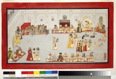 ماهارانا سانجرام سينغ مع أبنائه وكفاءاته ، c.1715 (مرحاض غير شفاف وذهب على ورق ، مثبت على صفحة ألبوم) بواسطة المدرسة الهندية