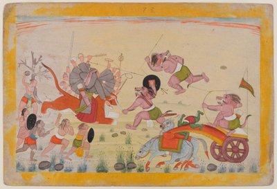 ماهاسورا يهاجم ديفي ، الورقة من سلسلة ديفي ماهاتيا المتفرقة ، 1770-80 (مرحاض على الورق) بواسطة المدرسة الهندية